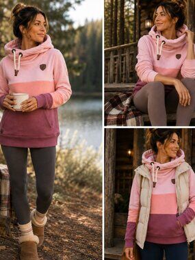Wanakome Hoodie Large Pink Colorblock Heavyweight Pullover Cozy Sweatshirt